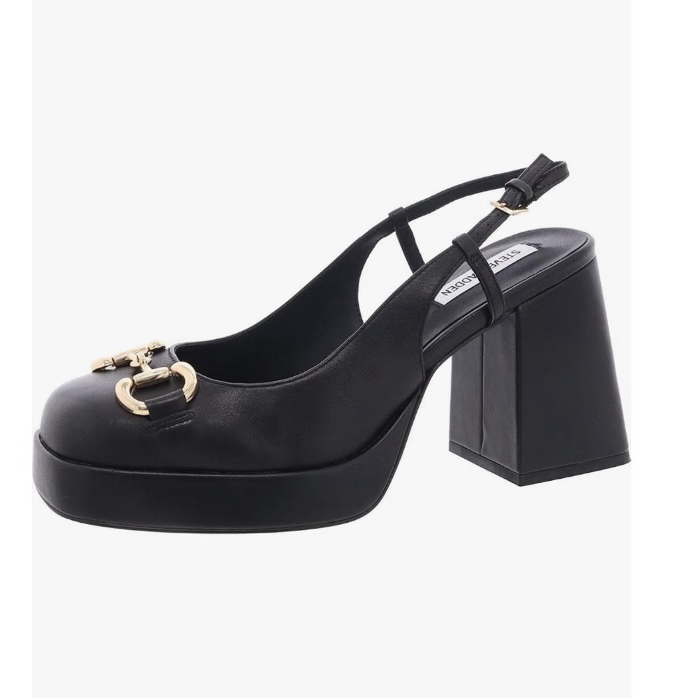 Steve Madden Eisley Black Leather Platform Horsebit Heels 8 EISL01S1